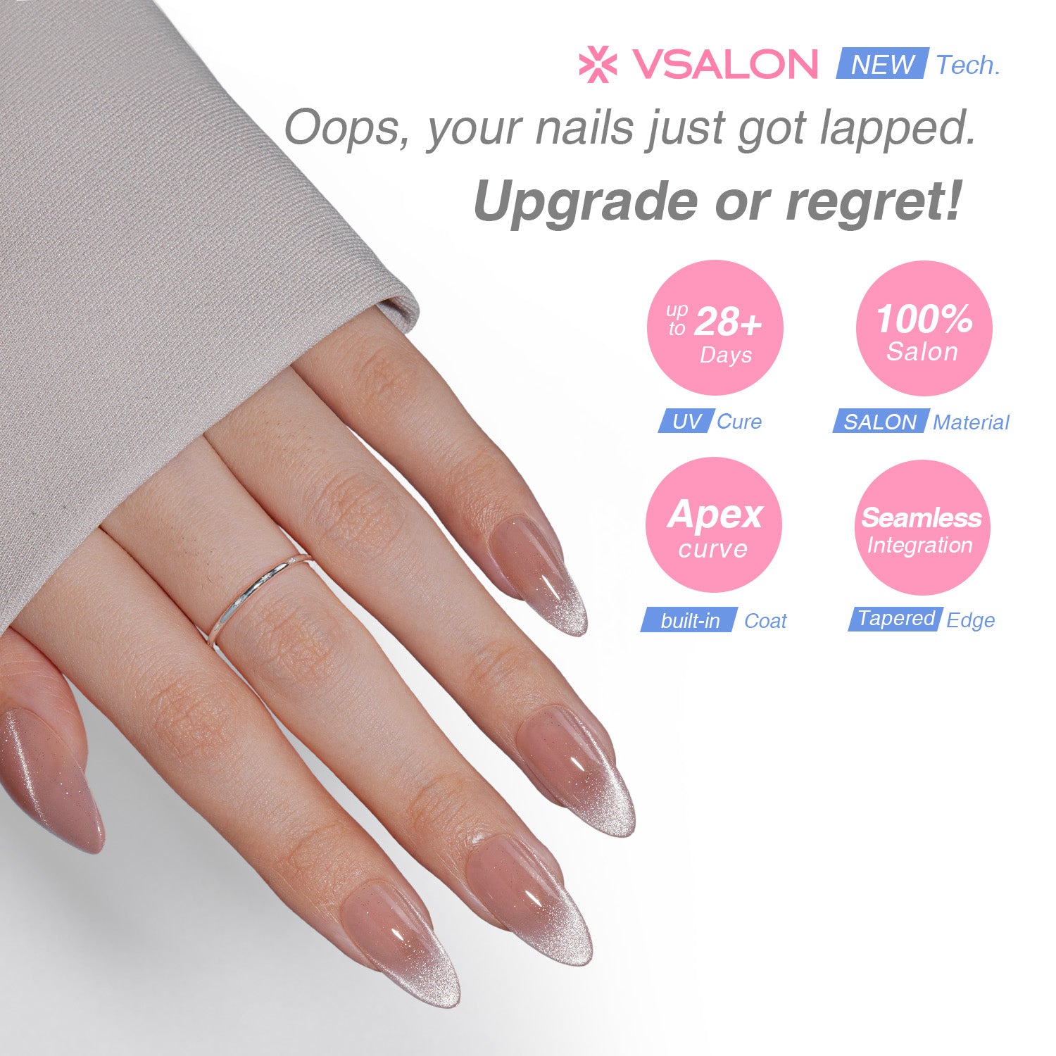VSALON UV Cure Nails Sourire pink Cat Eye Short Almond Press On Nails - salon-quality finish and perfect shine.