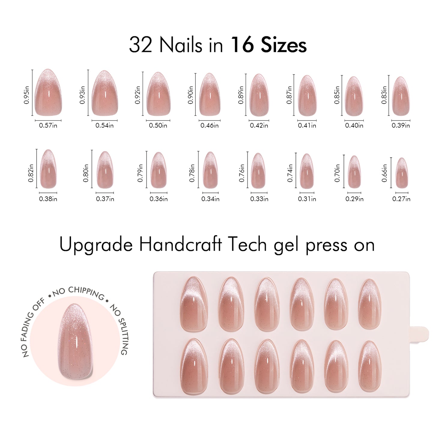 VSALON UV Cure Nails Sourire pink Cat Eye Short Almond Press On Nails Size Chart – shows length and width for each press on nail.