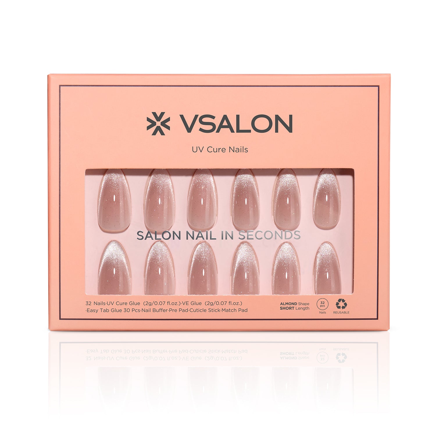 VSALON UV Cure Nails Sourire pink Cat Eye Short Almond Press On Nails - easy to apply, salon-quality, lasts 25+ days.