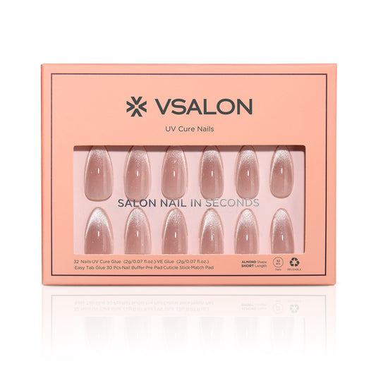 VSALON UV Cure Nails Sourire pink Cat Eye Short Almond Press On Nails - easy to apply, salon-quality, lasts 25+ days.