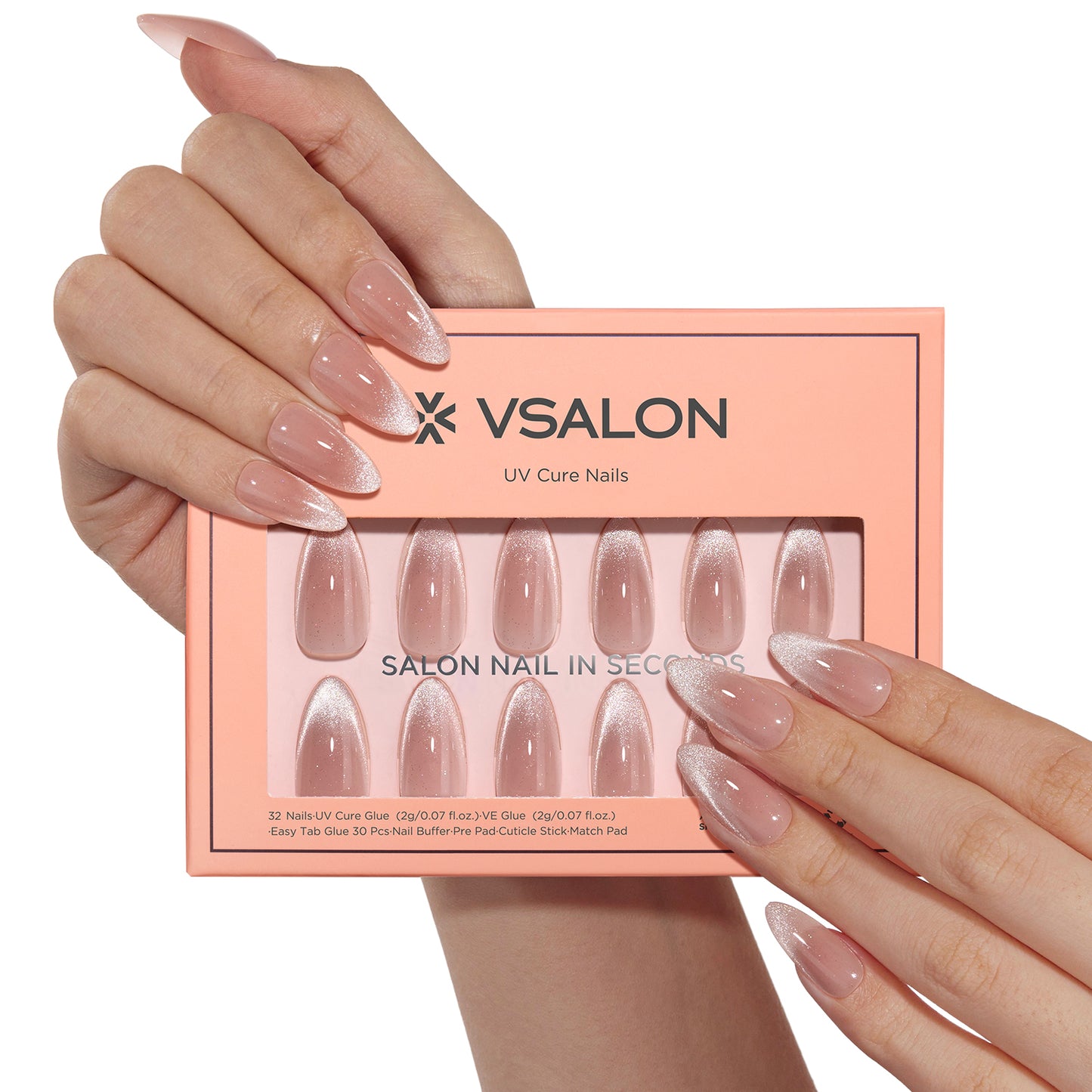 VSALON UV Cure Nails Sourire pink Cat Eye Short Almond Press On Nails - salon-quality, long-lasting.