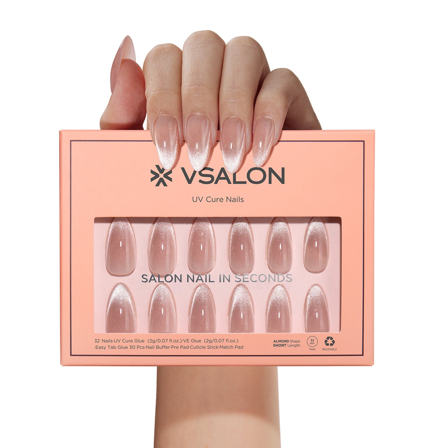 VSALON UV Cure Nails Sourire pink Cat Eye Short Almond Press On Nails - durable, easy to apply at home.