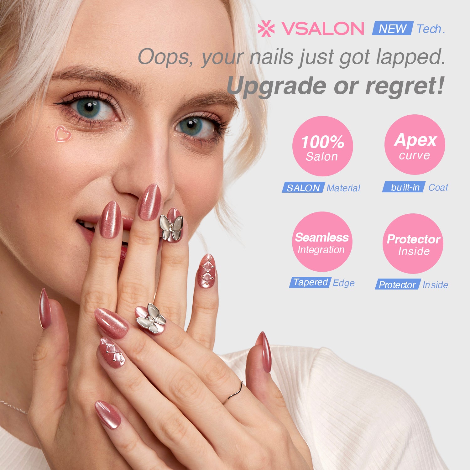 VSALON Nourishment Starlight Shines Pink Butterfly Short Almond Press On Nails - salon-quality finish and perfect shine.