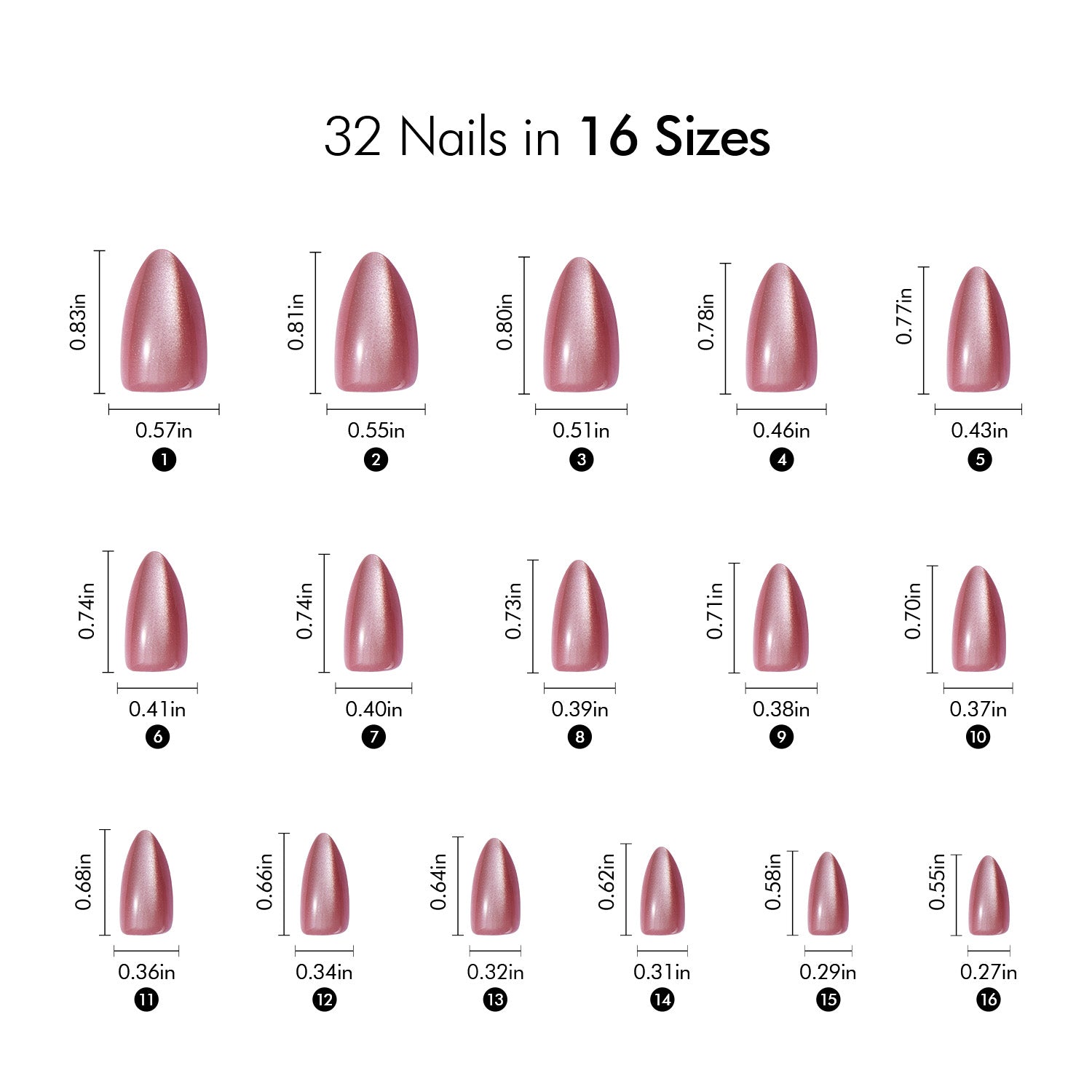 VSALON Nourishment Starlight Shines Pink Butterfly Short Almond Press On Nails Size Chart – shows length and width for each press on nail.