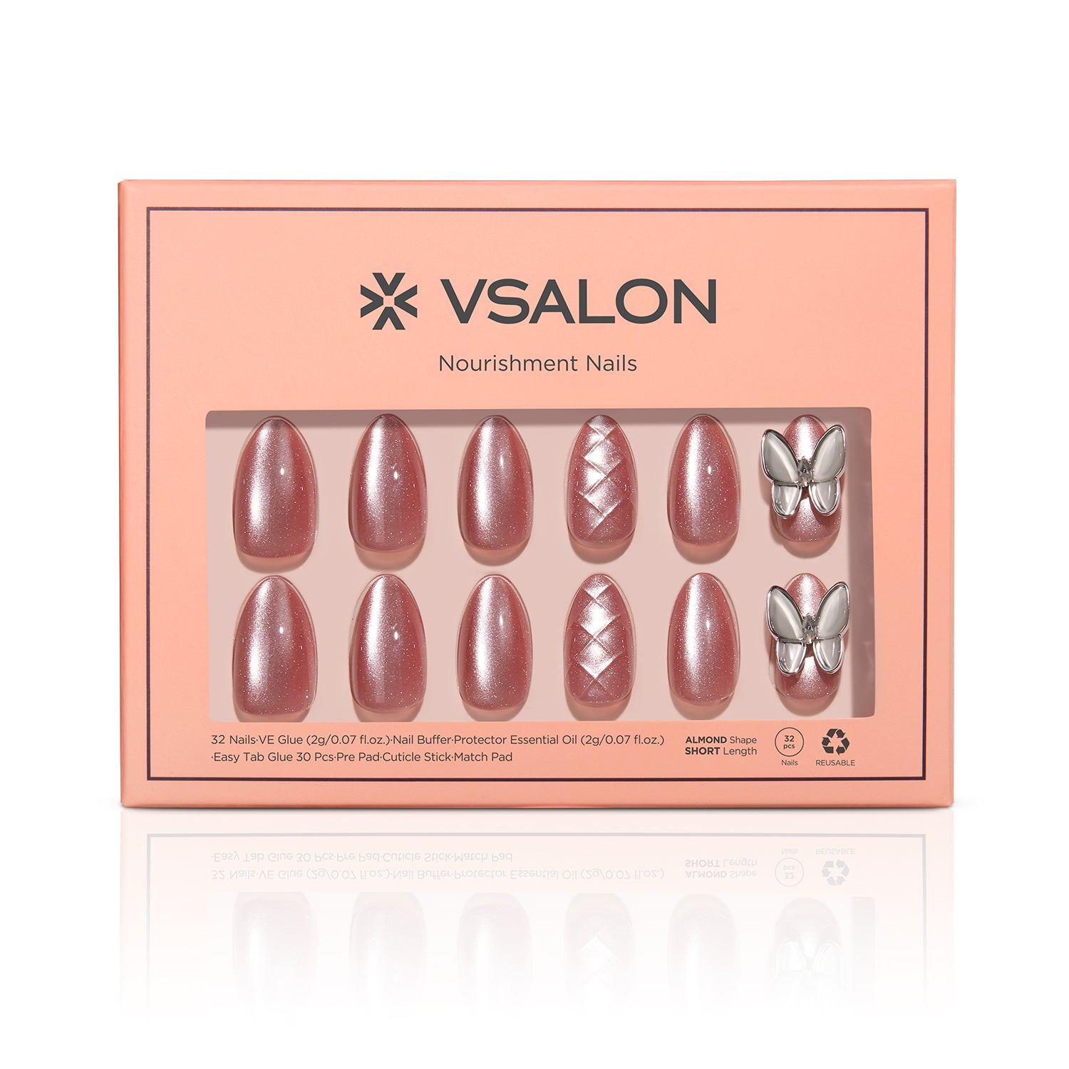 VSALON Nourishment Starlight Shines Pink Butterfly Short Almond Press On Nails - easy to apply, salon-quality, lasts 25+ days.
