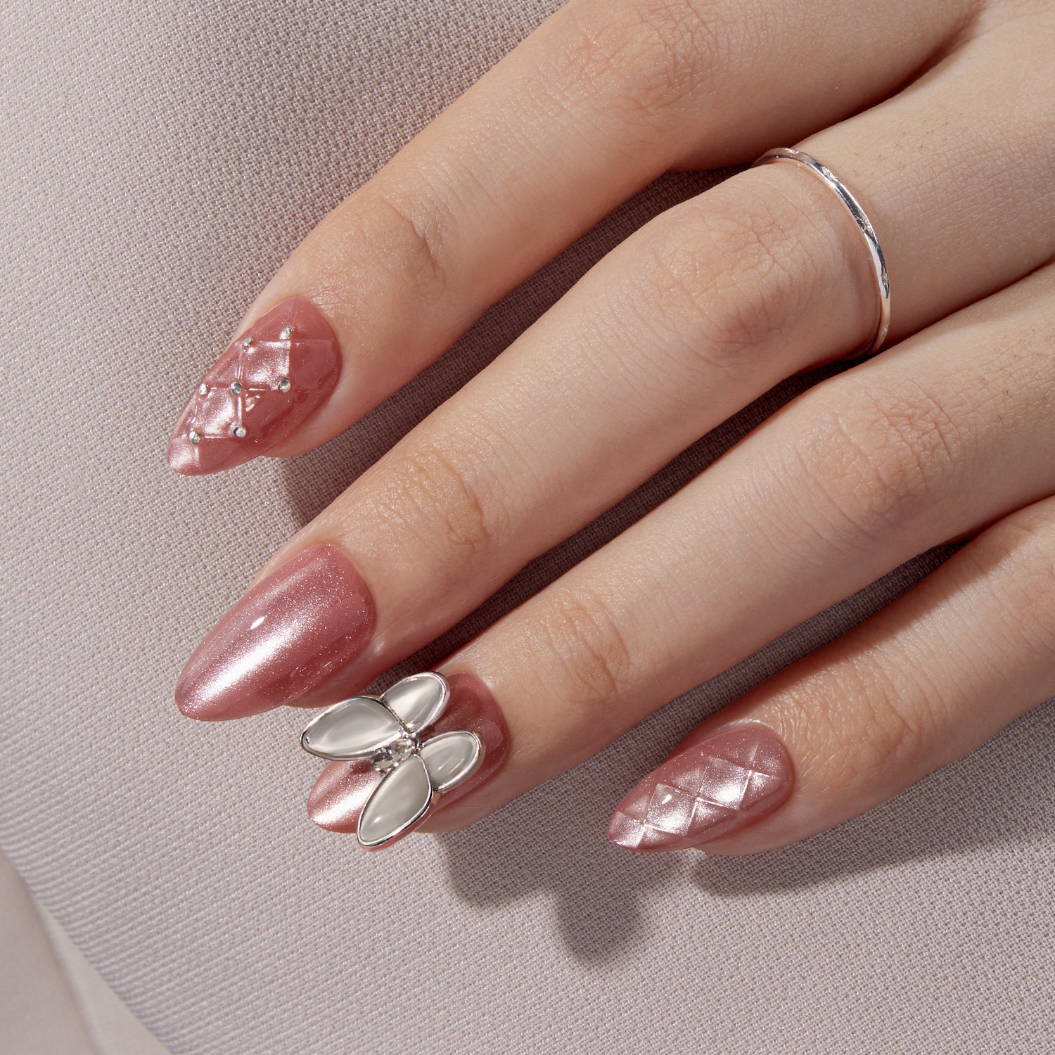 VSALON Nourishment Starlight Shines Pink Butterfly Short Almond Press On Nails - elegant look worn on hands