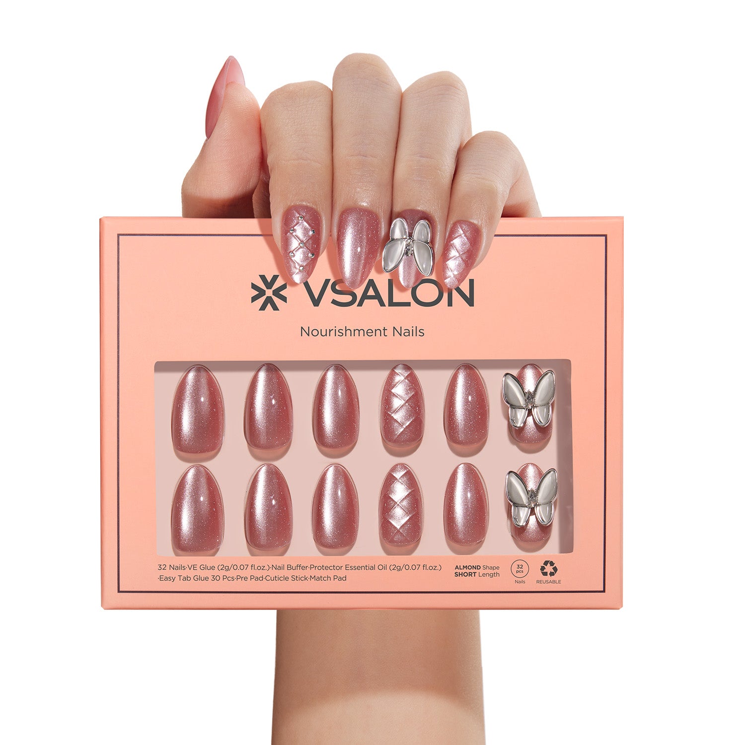 VSALON Nourishment Starlight Shines Pink Butterfly Short Almond Press On Nails - model's hand holding the top of the box – displaying nail design and product packaging