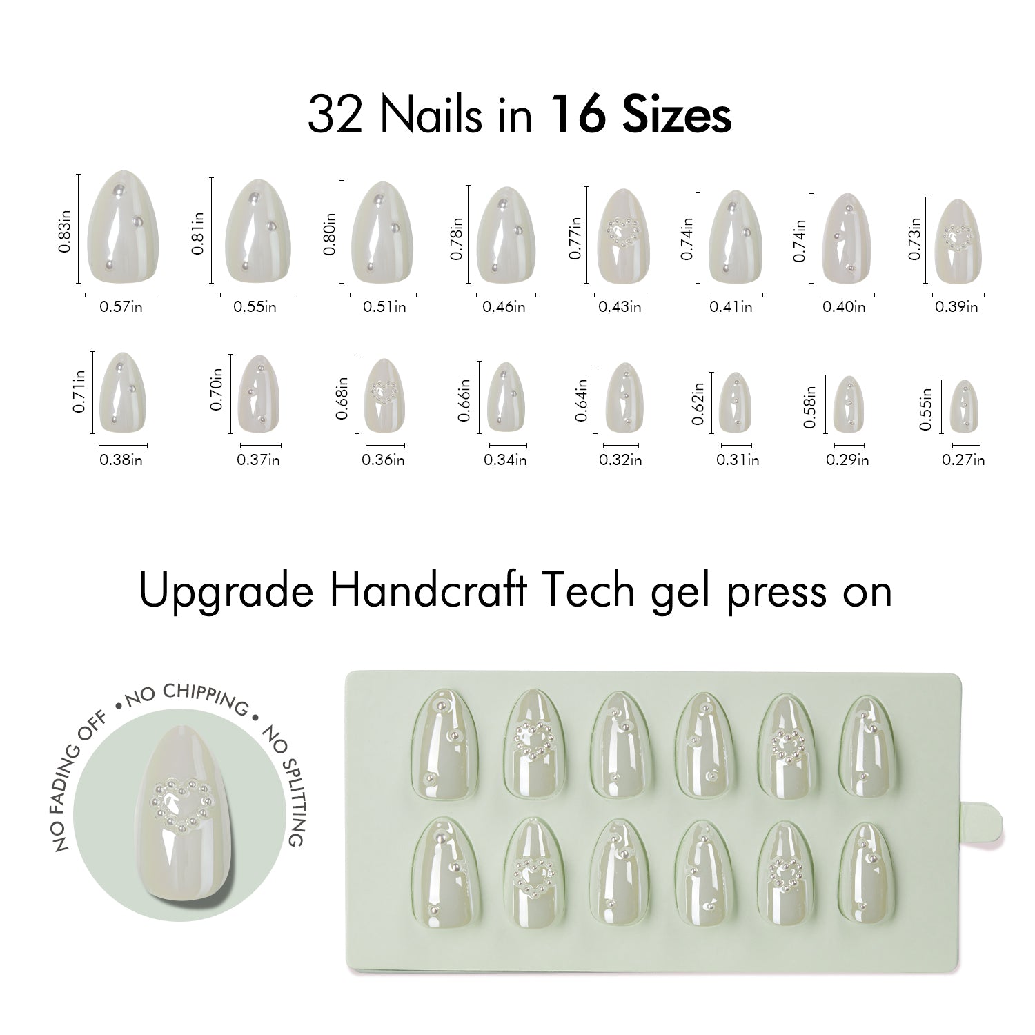 VSALON Nourishment Starry Dots Wedding White Pearl Short Almond Press On Nails Size Chart – shows length and width for each press on nail.