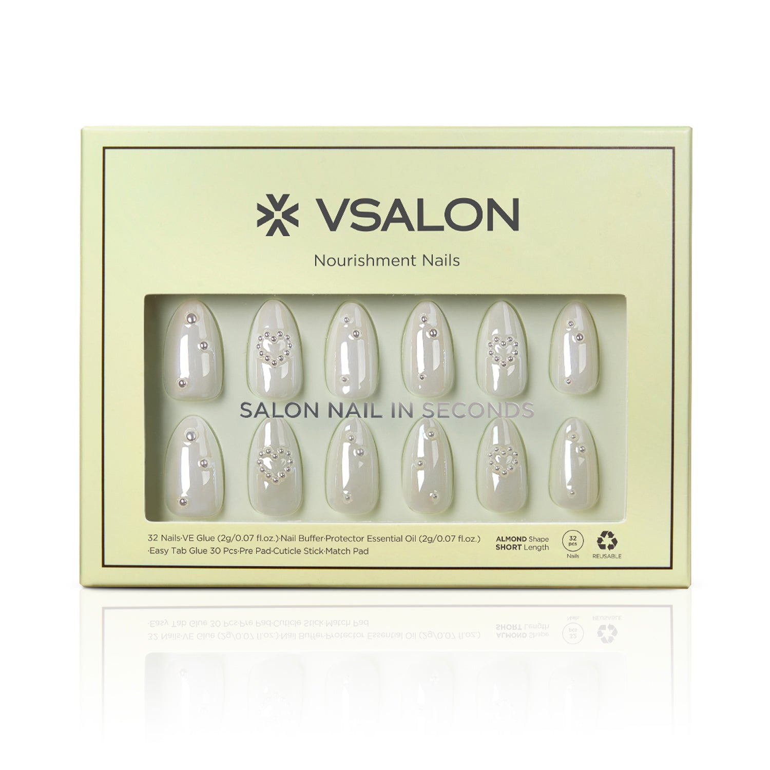 VSALON Nourishment Starry Dots Wedding White Pearl Short Almond Press On Nails - Front view of press on nails box showing style and nail set details