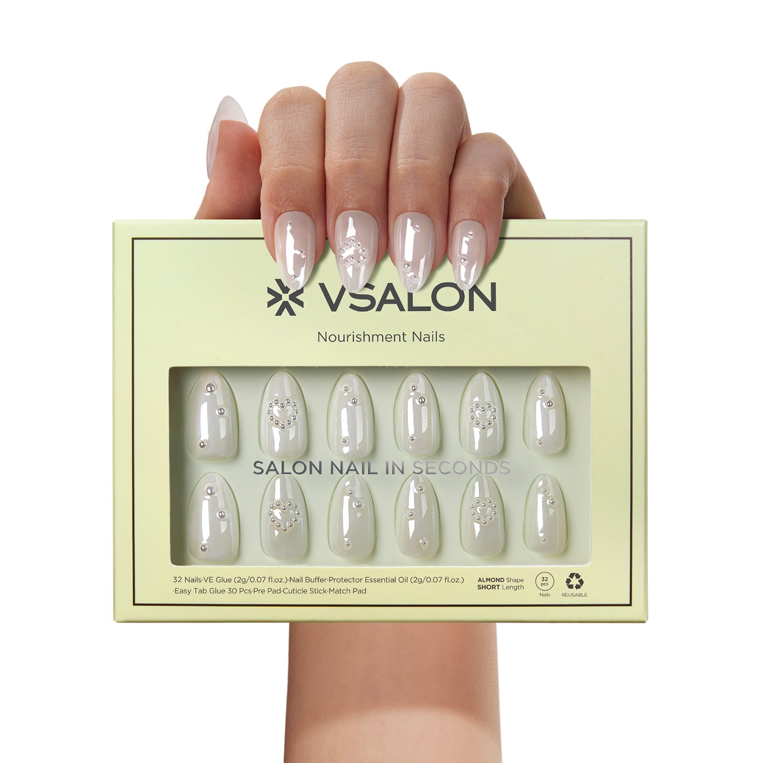 VSALON Nourishment Starry Dots Wedding White Pearl Short Almond Press On Nails - model's hand holding the top of the box – displaying nail design and product packaging