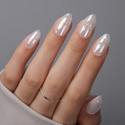 VSALON Nourishment Starry Dots Wedding White Pearl Short Almond Press On Nails - model wearing