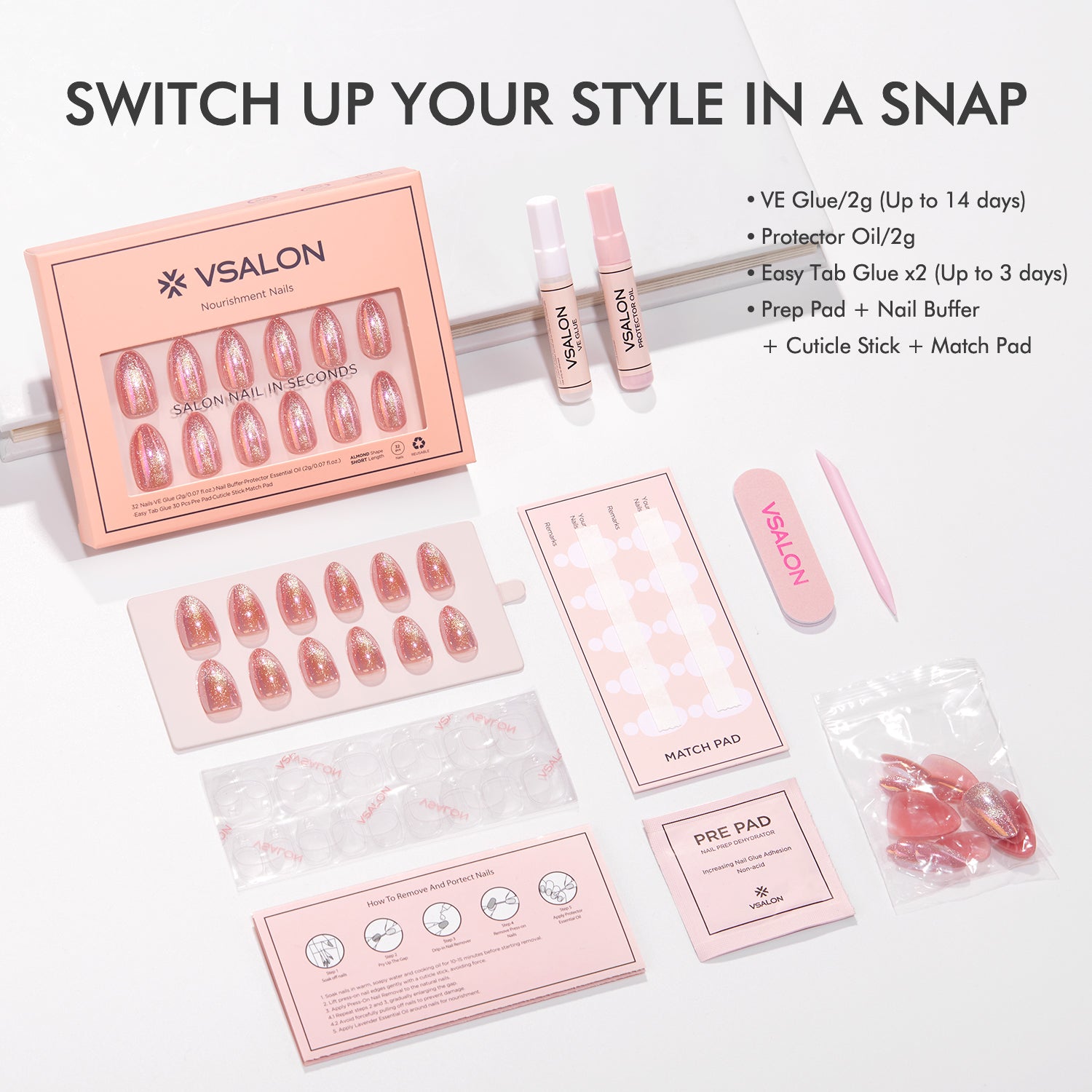 VSALON Nourishment Tippie Firework pink Cat Eye Short Almond Press On Nails - durable, easy to apply at home.