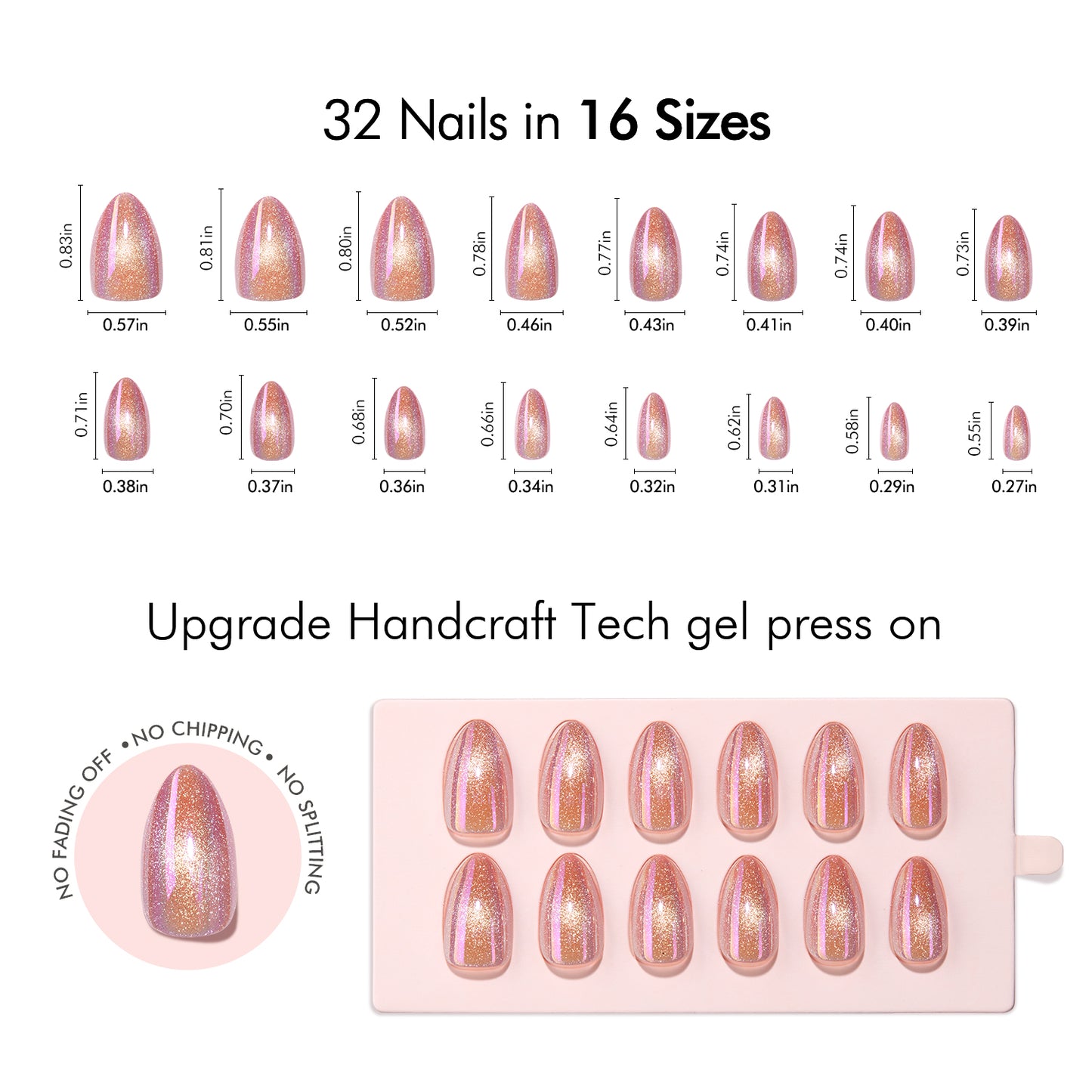 VSALON Nourishment Tippie Firework pink Cat Eye Short Almond Press On Nails Size Chart – shows length and width for each press on nail.