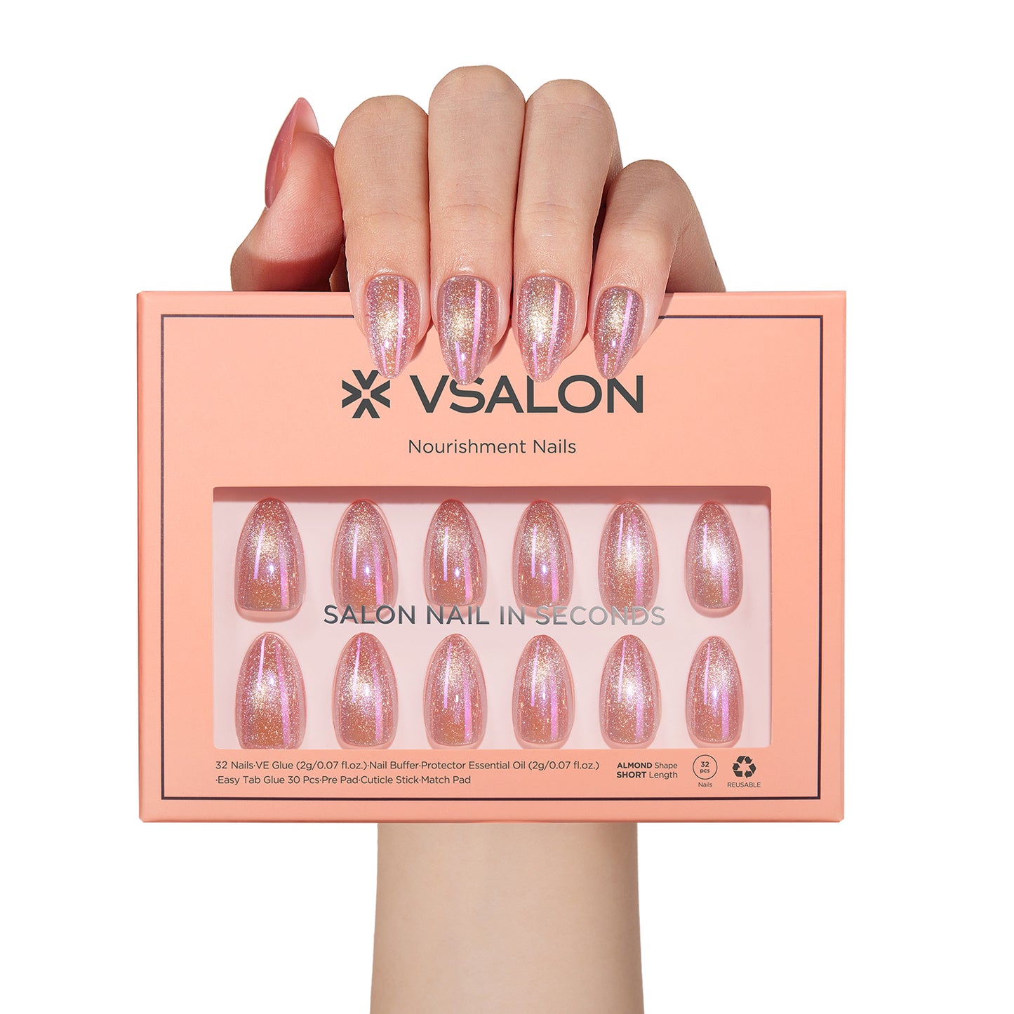 VSALON Nourishment Tippie Firework pink Cat Eye Short Almond Press On Nails - salon-quality, long-lasting.