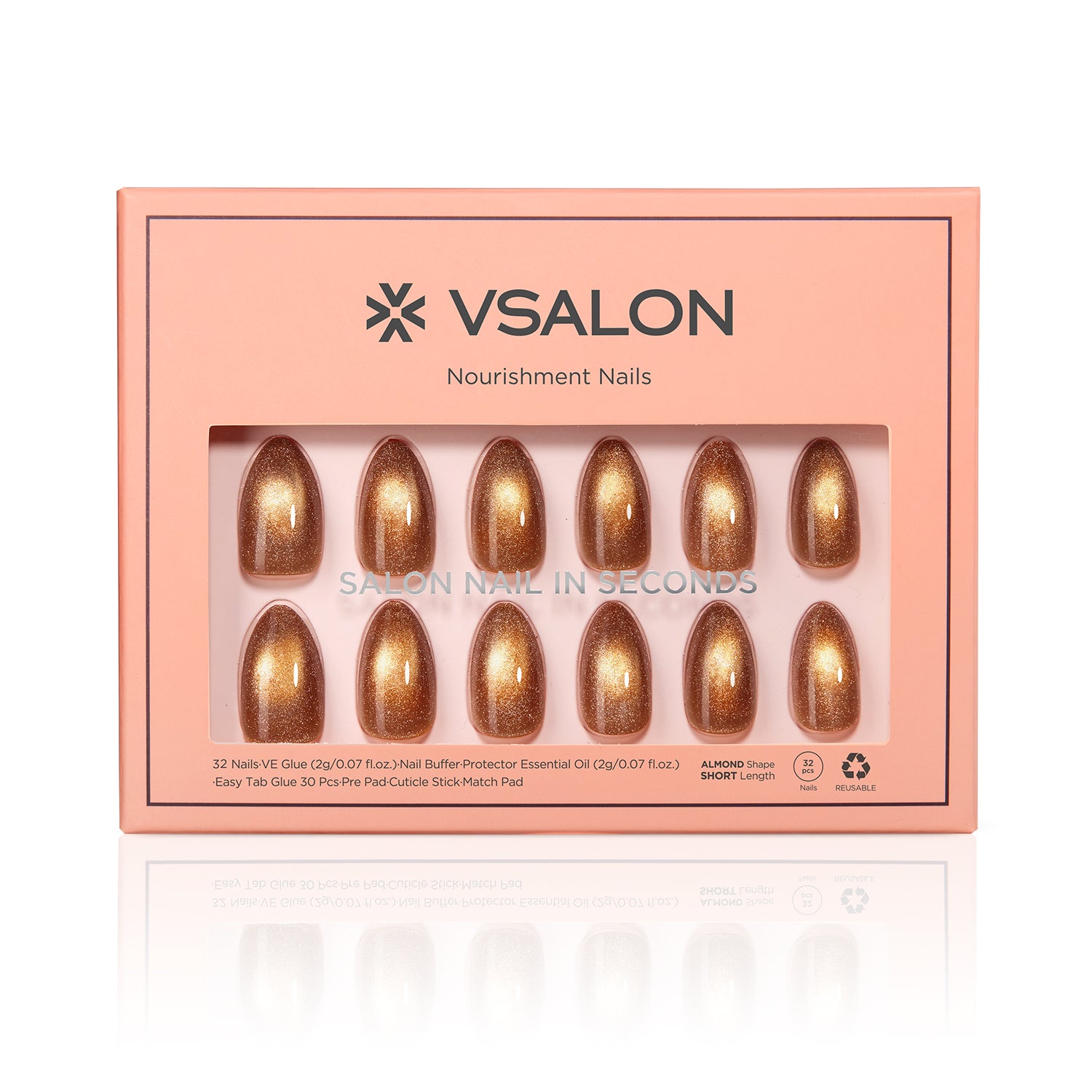 VSALON Nourishment Nails “Truffle Halo”Gold Short Almond Press On Nails – easy to apply, salon-quality, lasts 25+ days