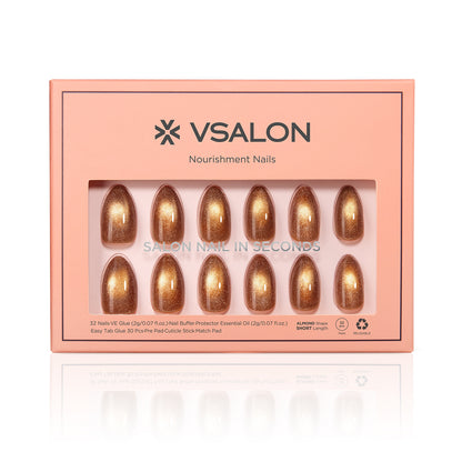 VSALON Nourishment Nails “Truffle Halo”Gold Short Almond Press On Nails – easy to apply, salon-quality, lasts 25+ days