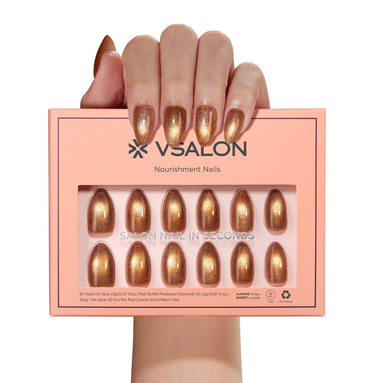 VSALON Nourishment Nails “Truffle Halo”Gold Short Almond Press On Nails – durable, easy to apply at home.