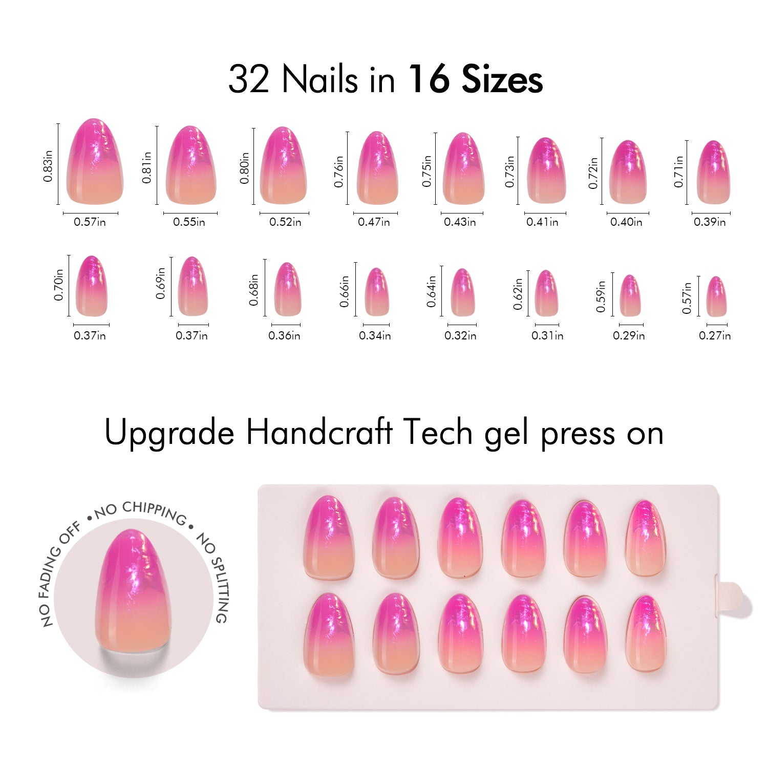VSALON UV Cure Nails Unicorn Petal Gradient Flamingo Foil Pink Short Almond Press On Nails Size Chart – shows length and width for each press on nail.