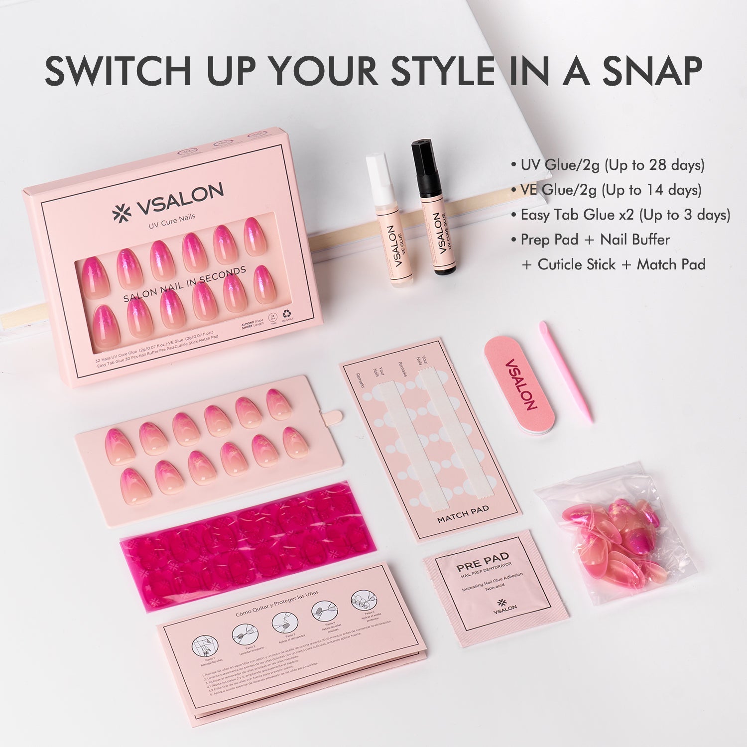 VSALON UV Cure Nails Unicorn Petal Gradient Flamingo Foil Pink Short Almond Press On Nails - kit showing full package contents including nails, glue, and tools