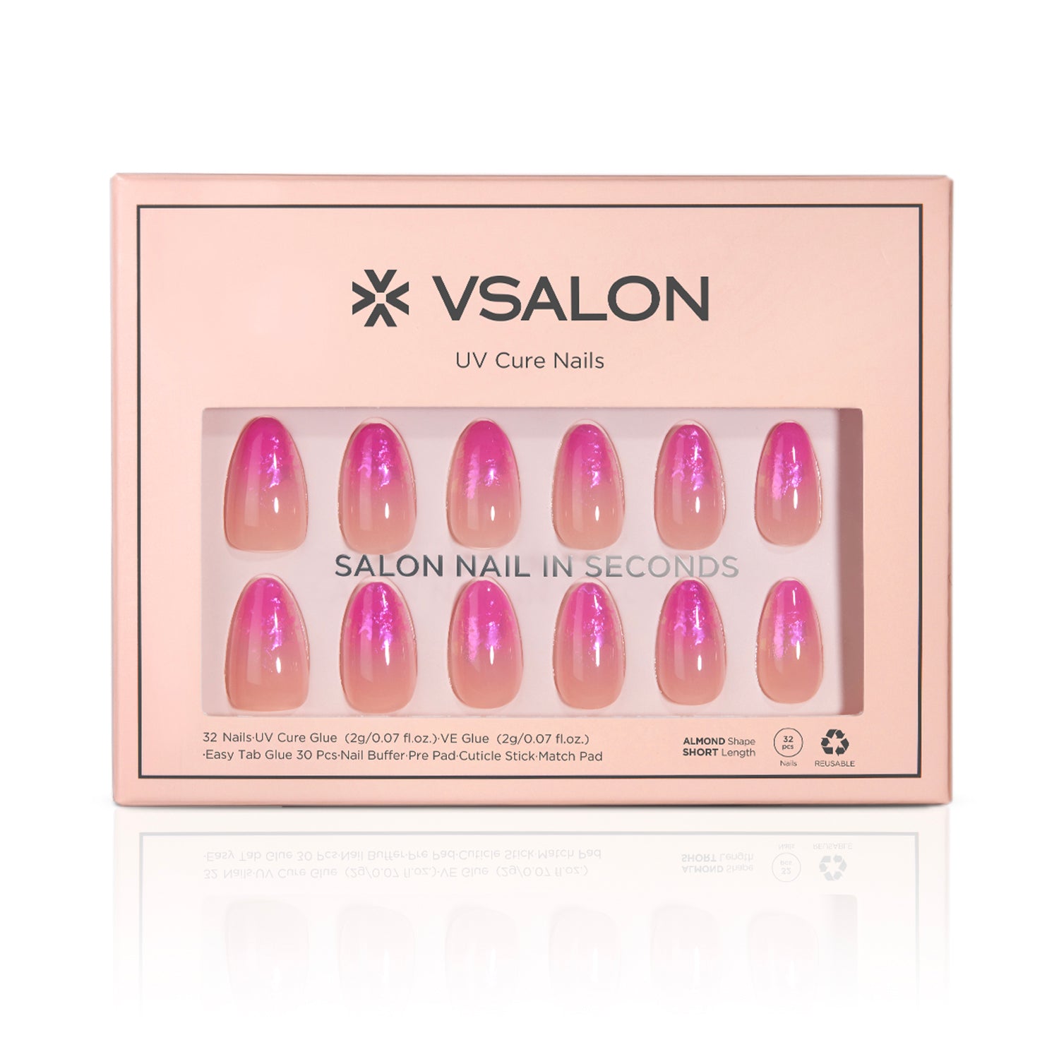 VSALON UV Cure Nails Unicorn Petal Gradient Flamingo Foil Pink Short Almond Press On Nails - Front view of VSALON press on nails box showing style and nail set details