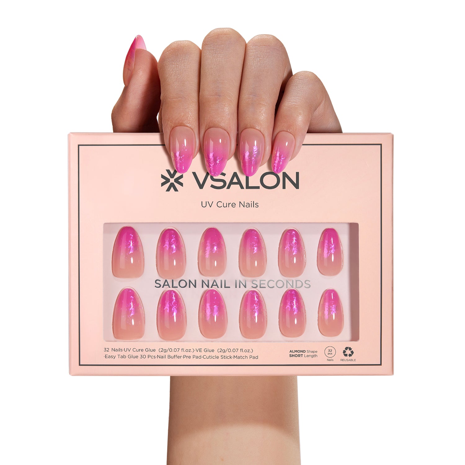 VSALON UV Cure Nails Unicorn Petal Gradient Flamingo Foil Pink Short Almond Press On Nails - model's hand holding the top of the box – displaying nail design and product packaging