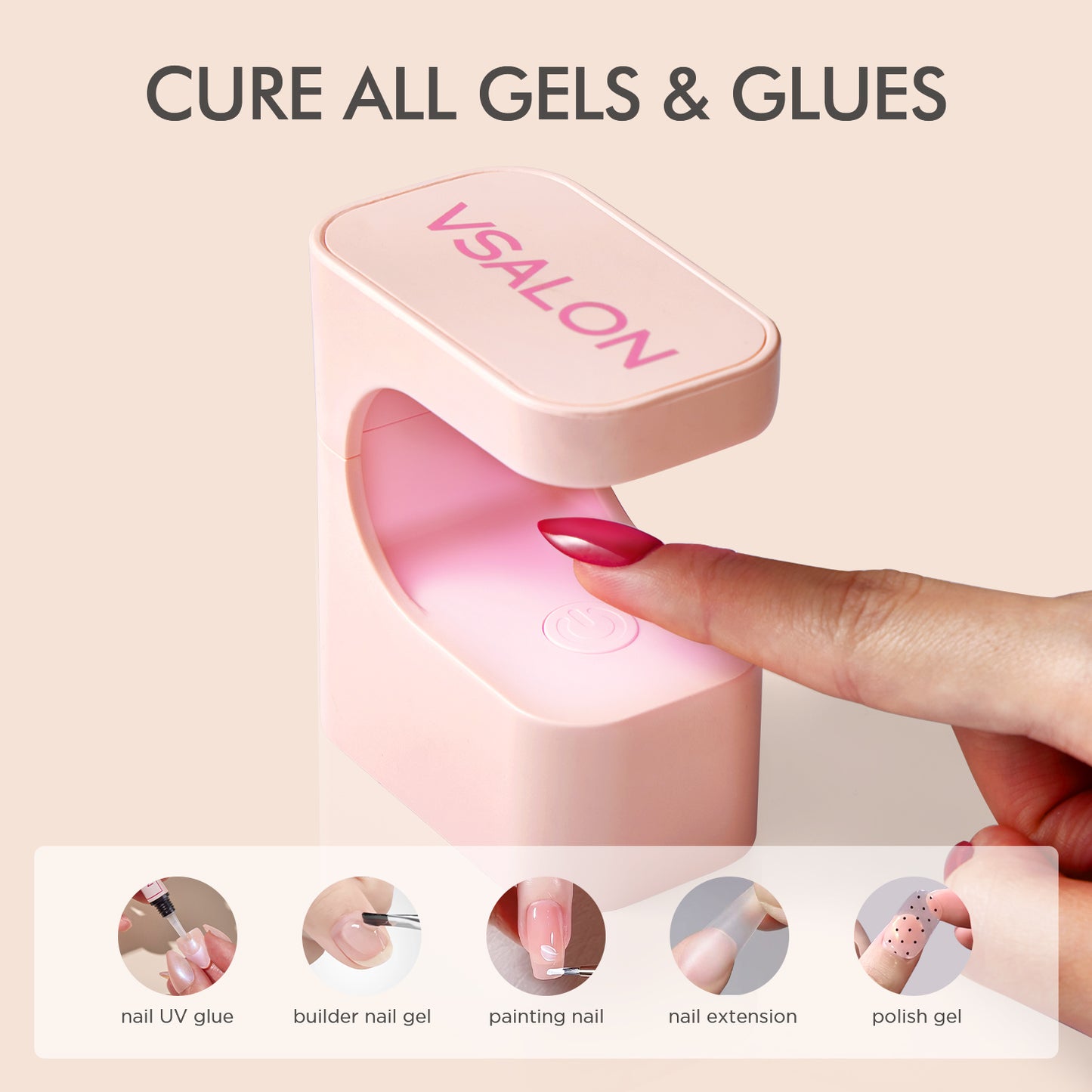 Step-by-step guide using VSALON LED lamp to dry nail glue and achieve salon-quality finish