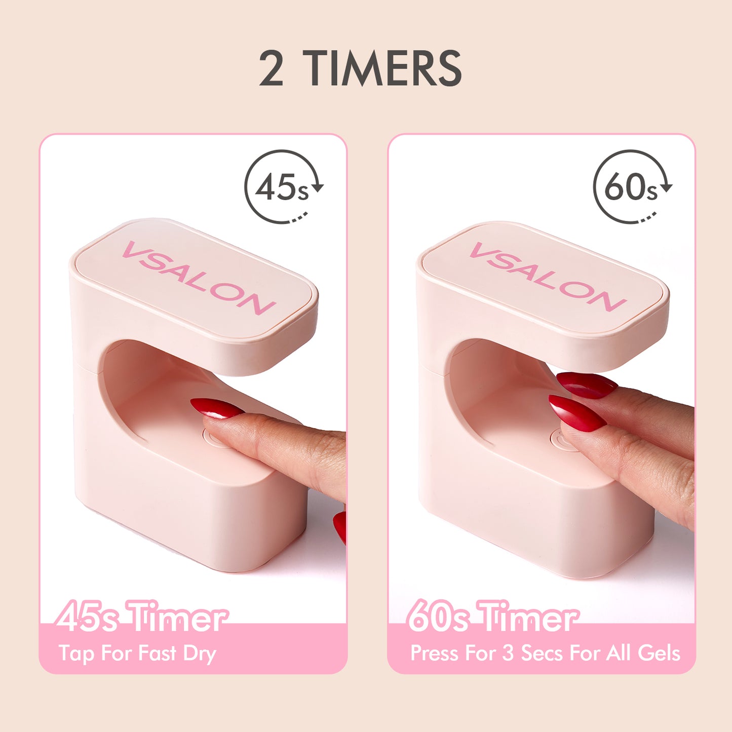 VSALON UV LED nail lamp curing time comparison for 45s 60s modes