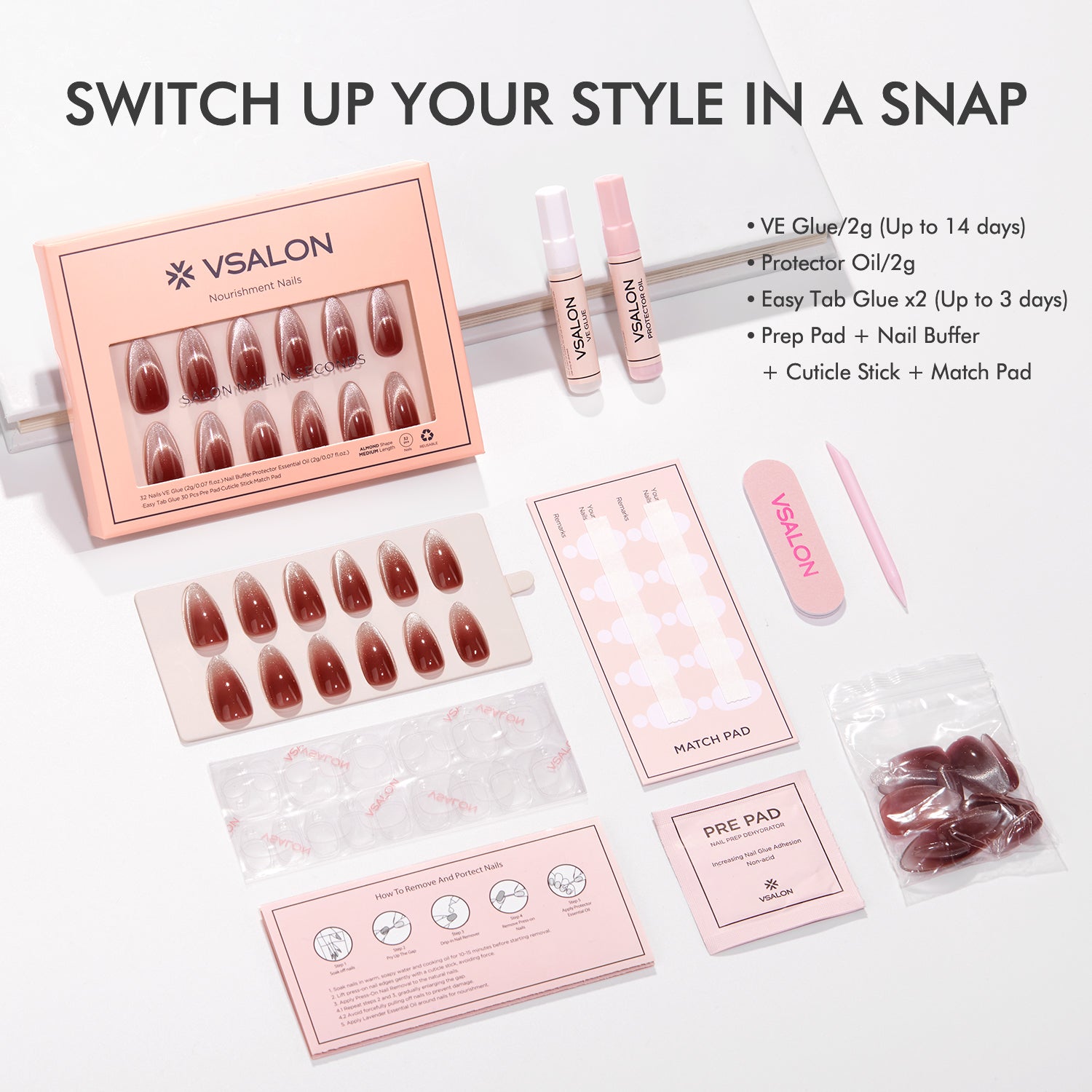 VSALON Nourishment Vampire Kiss Cat Eye Short Almond Press On Nails - durable, easy to apply at home.