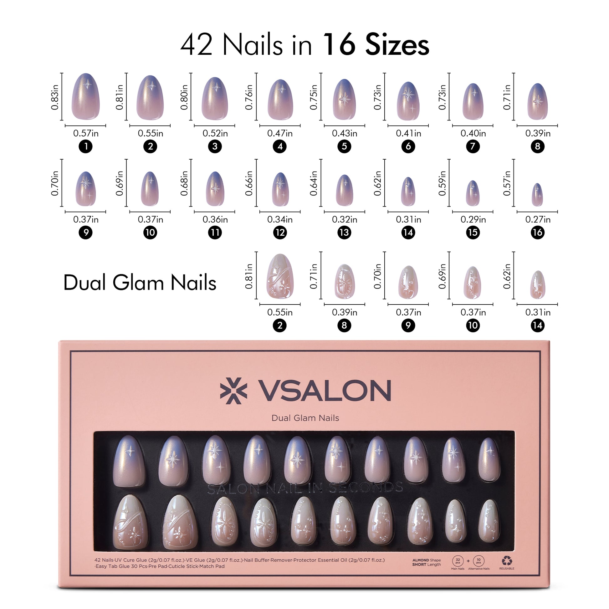 VSALON Dual Glam Nails Weekend Warrior Star 3D Textured Short Almond Press On Nails Size Chart – shows length and width for each press on nail.