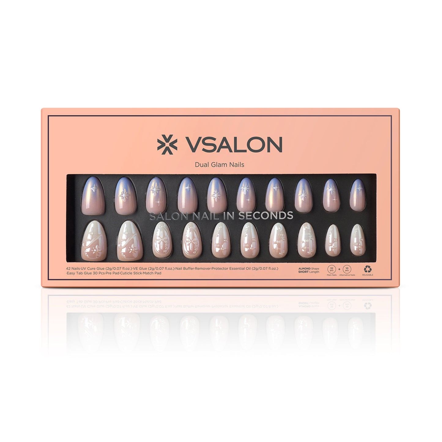 VSALON Dual Glam Nails Weekend Warrior Star 3D Textured Short Almond Press On Nails - easy to apply, salon-quality, lasts 25+ days.