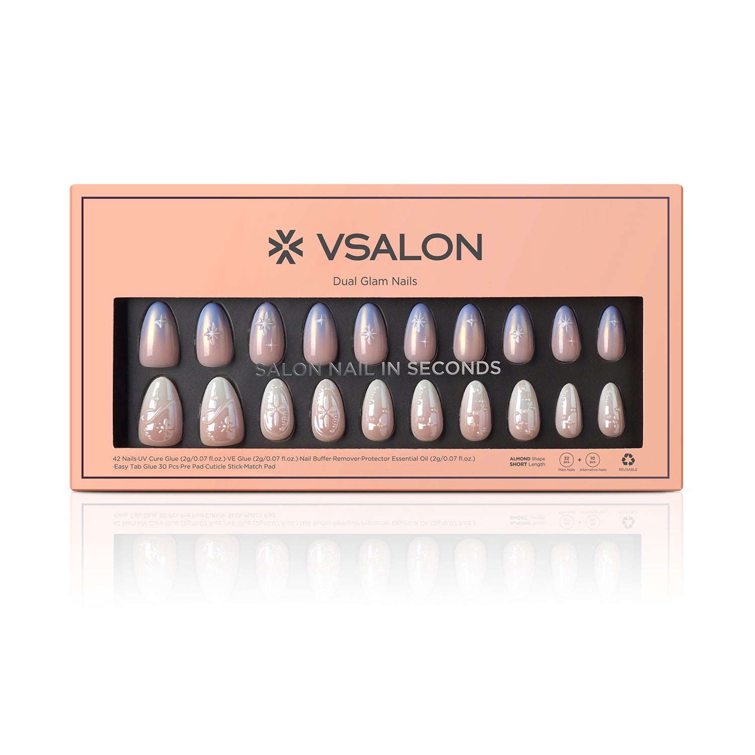 VSALON Dual Glam Nails Weekend Warrior Star 3D Textured Short Almond Press On Nails - easy to apply, salon-quality, lasts 25+ days.