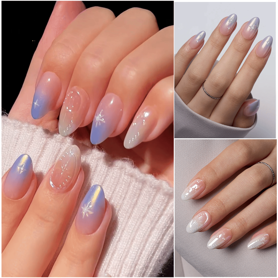 VSALON Dual Glam Nails Weekend Warrior Star 3D Textured Short Almond Press On Nails - Model showing nails with both hands – displaying nail design and manicure style