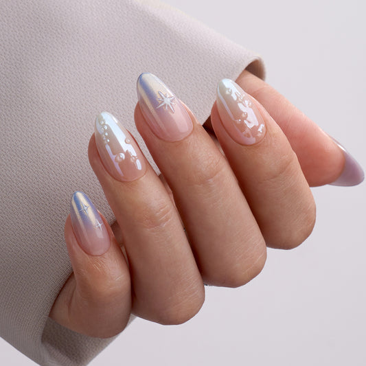 VSALON Dual Glam Nails Weekend Warrior Star 3D Textured Short Almond Press On Nails - Close-up of model's hand bending fingers to hold VSALON press on nails – highlighting nail design and color details