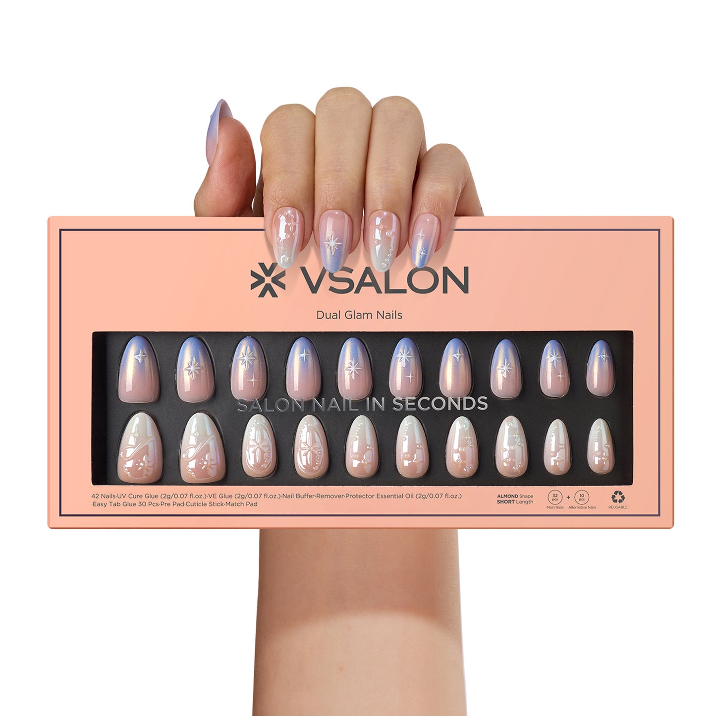 VSALON Dual Glam Nails Weekend Warrior Star 3D Textured Short Almond Press On Nails - model's hand holding the top of the box – displaying nail design and product packaging