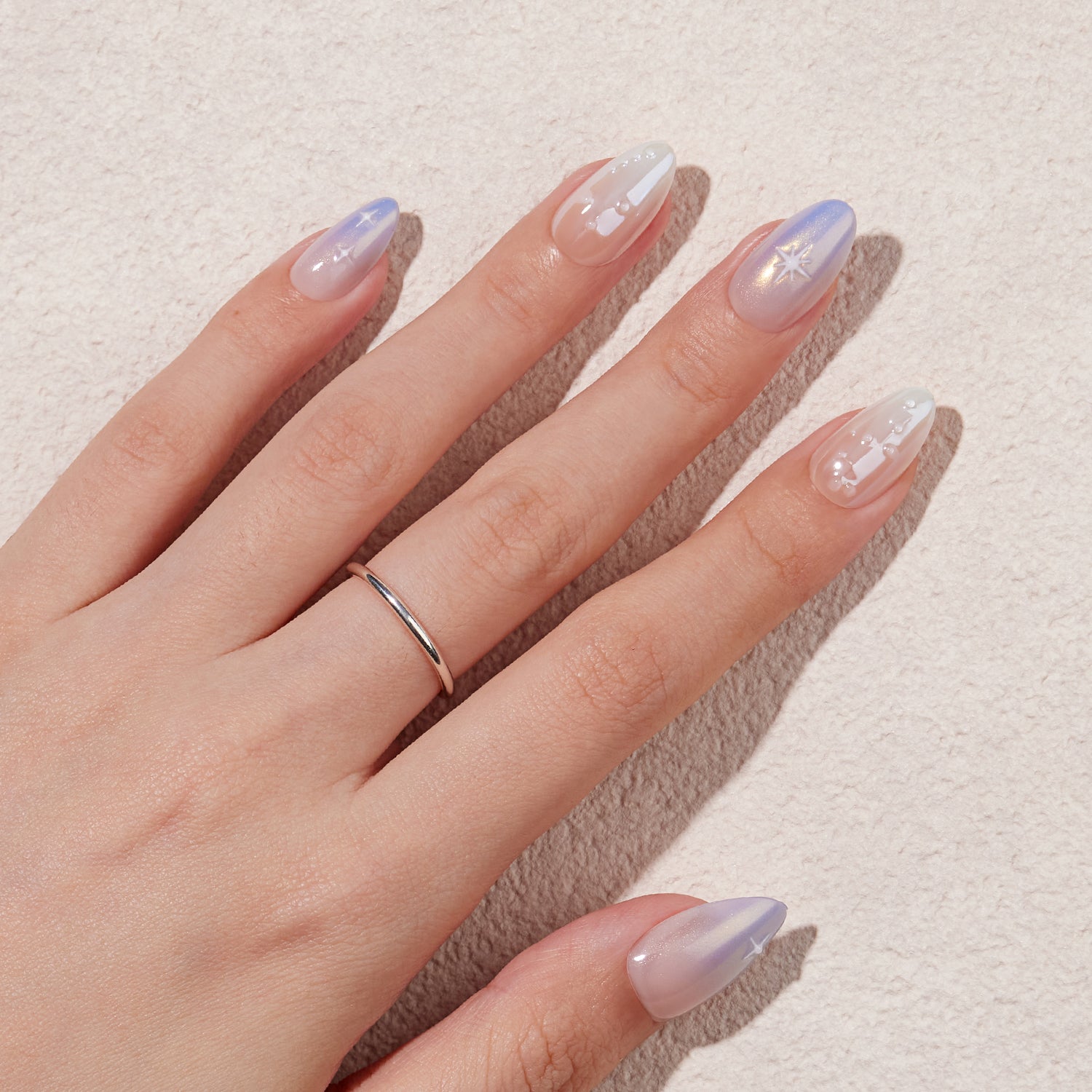 VSALON Weekend Warrior Gradient Stars Pearl Ombre 3D Textured Short Almond Press On Nails - elegant look worn on hands