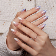 VSALON Weekend Warrior Gradient Stars Pearl Ombre 3D Textured Short Almond Press On Nails - Model's hands with fingers crossed showing VSALON press on nails – highlighting nail design and style