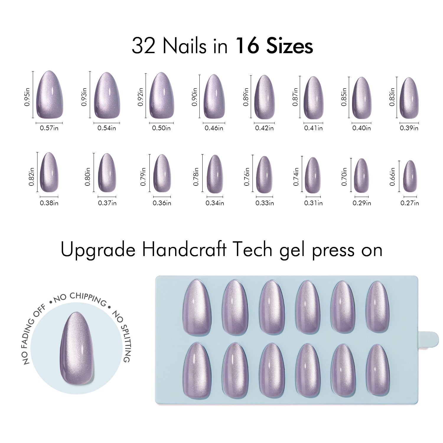 VSALON Nourishment Witch Charm Cat Eye Short Almond Press On Nails Size Chart – shows length and width for each press on nail.